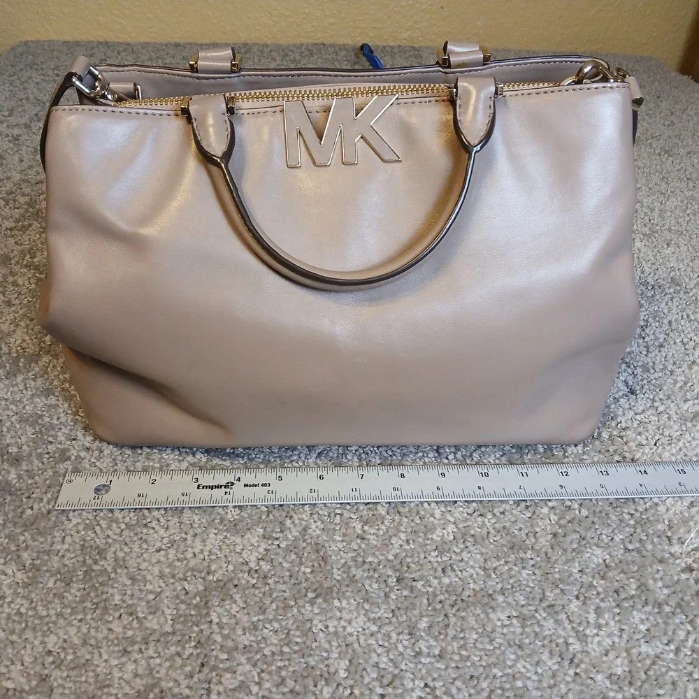 Michael Kors Taupe Leather Satchel Crossbody Bag Gold Hardware MK Handbag Logo